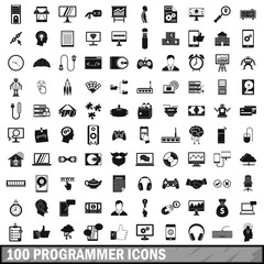 100 programmer icons set, simple style 