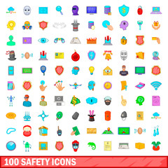 100 safety icons set, cartoon style