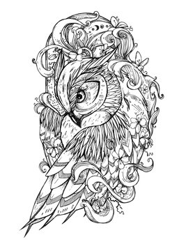 Beautiful illustration with owl. The owl inside ocean waves with sakura flowers. It can be used for printing on t-shirts and idea for tattoo.