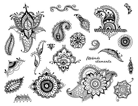 Set of hand drawn different mehndi elements. Stylized flowers, leaves, indian paisley collection. Black and white ethnic illustration.