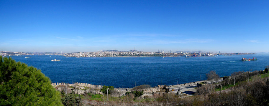 Panorama view of Bosphorus strait in Istanbul, Turkey, looking at view of Asian side.
