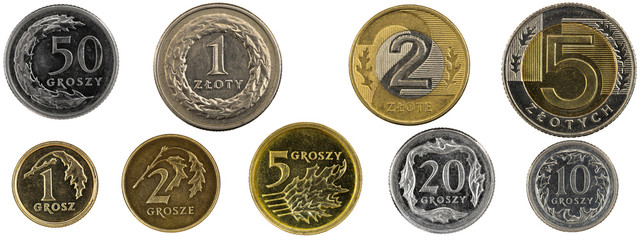 full set of Polish coins on a white isolated background