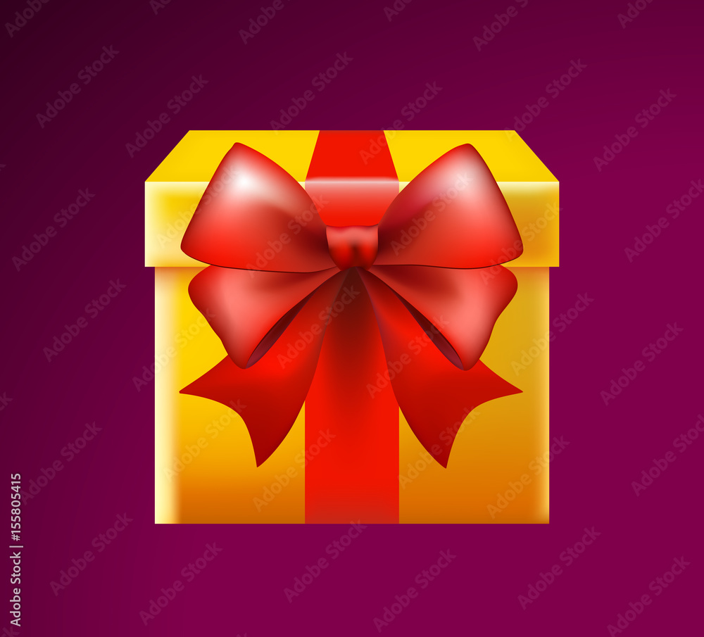 Poster 3d realistic yellow gift box with red bow on black background . isolated vector element