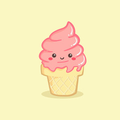 Cute Strawberry Pink Ice Cream Cone Vector Illustration Cartoon