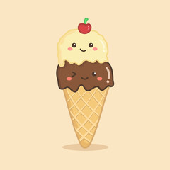 Cute Double Scoop Ice Cream Cone Chocolate Vanilla Cherry Vector Illustration Cartoon