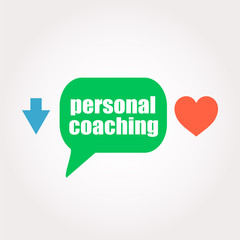word personal coaching. Education concept . Speech clouds stickers, arrow and heart