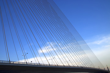 A rope bridge and blue sky