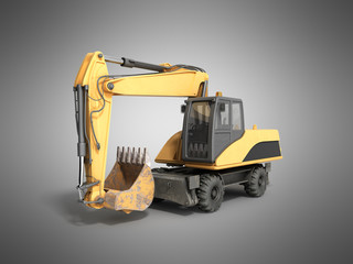 Yellow wheels Bulldozer 3d render on grey