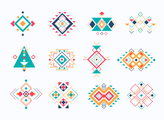 Set of ethno tribal aztec symbols. colorful geometric ethnic decor elements collection.