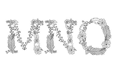 Tropical floral summer pattern hand drawn ornamental font set with palm beach leaves, flower. Letter M,N,O