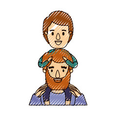color crayon stripe caricature half body bearded father with boy on his back vector illustration