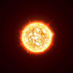 Burning realistic 3D sun, flashes, glare, flare, sparks, flames, heat and fire rays. Orange, hot, cosmic red planet on a black background vector illustration © artyway