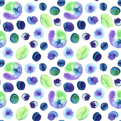 Abstract hand painted watercolor drops on white background. Seamless pattern for wallpapers or textile. Stylish design in blue, purple and light green colors.