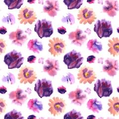 Beautiful hand painted watercolor flowers on white background. Seamless pattern for wallpapers or textile. Stylish design in pink, purple and light orange colors.