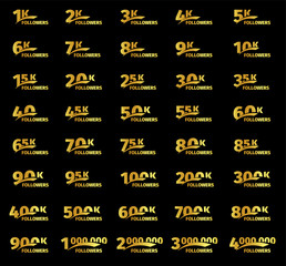Naklejka premium Stylish strict design, number of subscribers in social networks, the anniversary vector illustration set. My followers logo collection. Large vector set of gold numbers and letters online communities