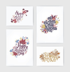 Set of horizontal and vertical postcards with inscription happy mother s day and love you mom. Card with hand drawn lettering and flowers on white background .