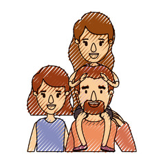 color crayon stripe caricature half body big family parents with girl on his back vector illustration