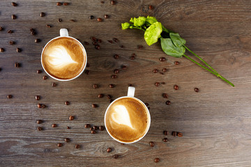 White cups of cappuccino on a wooden table with coffee beans and a green flower