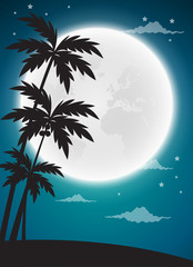 Fototapeta na wymiar Full moon twilight with dark palms silhouettes, vector background