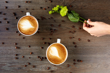 White cups of cappuccino on a wooden table with coffee beans and a green flower