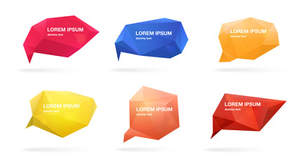 Abstract polygonal speech bubbles set. 3d figures with place for text. Colorful vector illustrations.