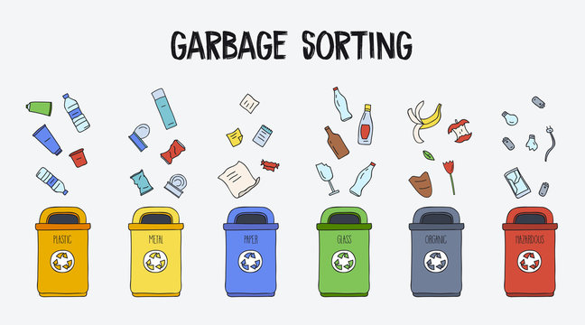 Garbage sorting concept. Trash cans with different types of garbage. Colorful hand drawn doodle illustration.