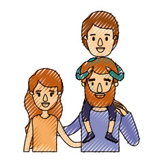 color crayon stripe caricature half body family with wavy long hair woman and bearded man with boy on his back vector illustration