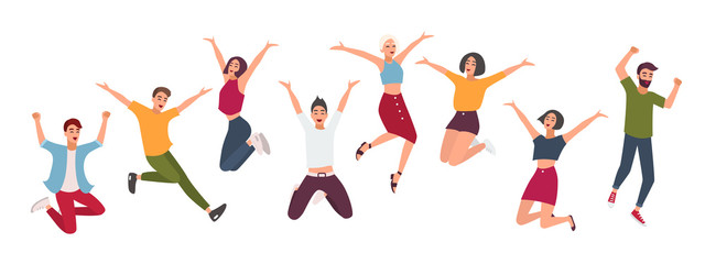 Fototapeta na wymiar Horizontal banner with happy people. Young guys and girls jumping. Colorful vector illustration in flat style.