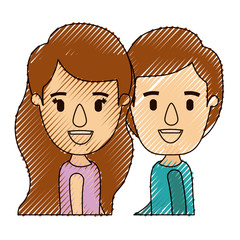 color crayon stripe caricature side view half body couple children vector illustration