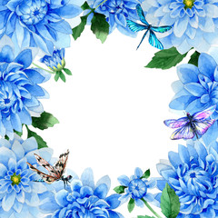 Wildflower blue dahila flower frame in a watercolor style isolated.