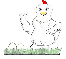 Sexy Huhn das das Peace Zeichen macht, mit Eiern