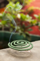 Burning mosquito coil over blurred tropical garden