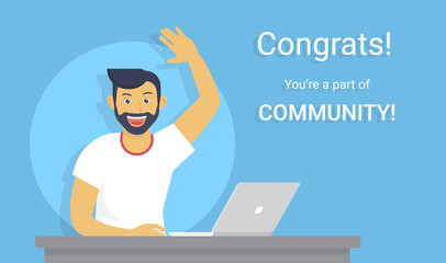 Fototapeta na wymiar Congratulations you are a part of community. Flat vector illustration of young happy guy working with laptop and surprised to win online contest. New great idea and smiling man web banner design