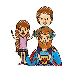 color crayon stripe caricature half body super dad hero with girl on his hand and boy on his back vector illustration