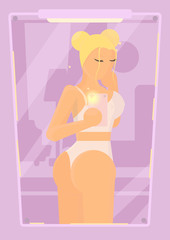 Beautiful cute young girl with funny blond hair in white underwear make silfie in the mirrow. Stylized hero in a flat style in pink light colors.