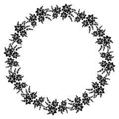 Black and white round silhouette label with decorative flowers.  Vector clip art