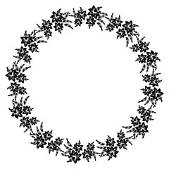 Black and white round silhouette label with decorative flowers.  Vector clip art