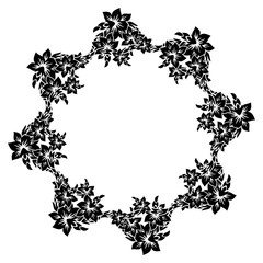 Naklejka premium Black and white round silhouette label with decorative flowers. Vector clip art