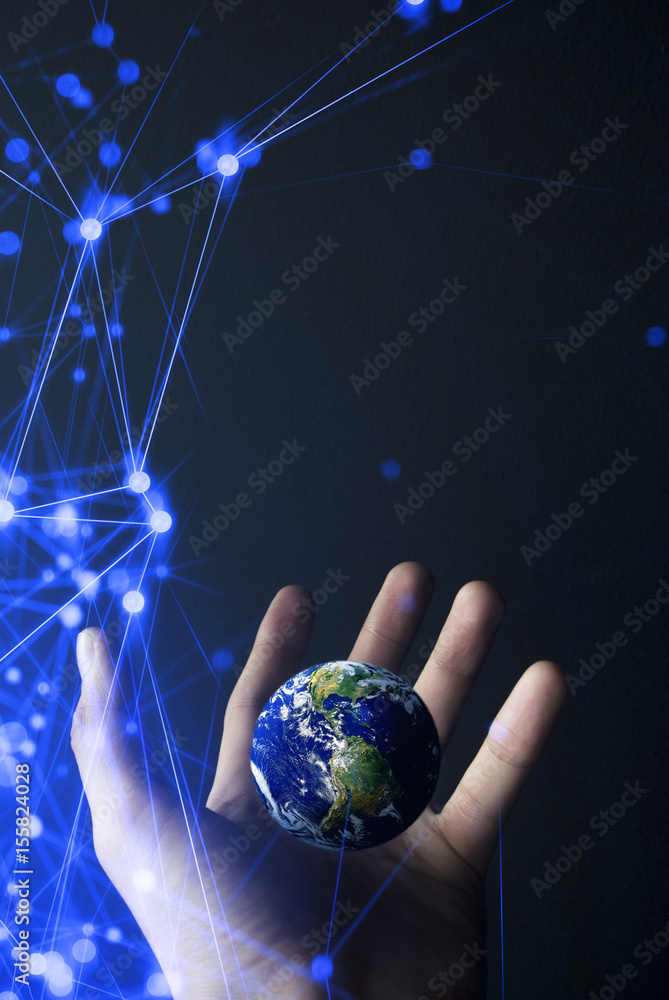 Poster hand and floating globe earth with social network concept element of this image furnished by nasa