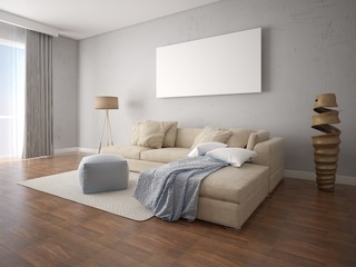 Modern bright living room with stylish corner sofa and fashionable floor lamp.
