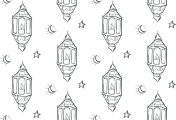 Sketch of Ramadan Lantern Seamless Pattern White Background