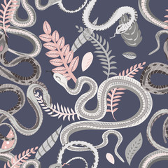 Seamless pattern with snakes and plants. Colorful wallpaper on a tropical theme on gray background.