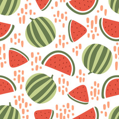 Watermelon seamless pattern with stains on white background. Vector illustration