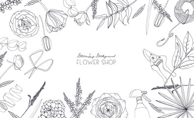 Horizontal background with flowers for advertising, floral shop, salon. Hand drawn monochrome composition with place for text