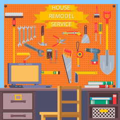 House remodel tools. Construction concept with flat icons .Flat vector illustration