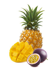 Fototapeta na wymiar Pineapple, cut mango, passion fruit isolated
