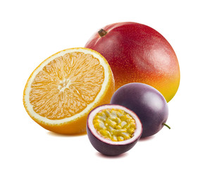 Whole mango, orange, passion fruit isolated