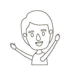 sketch contour caricature side view half body boy with hands up vector illustration