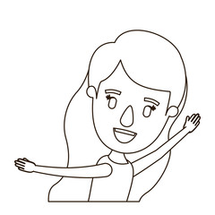 sketch contour caricature side view half body girl with long wavy hair and hands up vector illustration