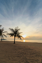 Obraz na płótnie Canvas Beach sand and coconut tree with sunrise in morning